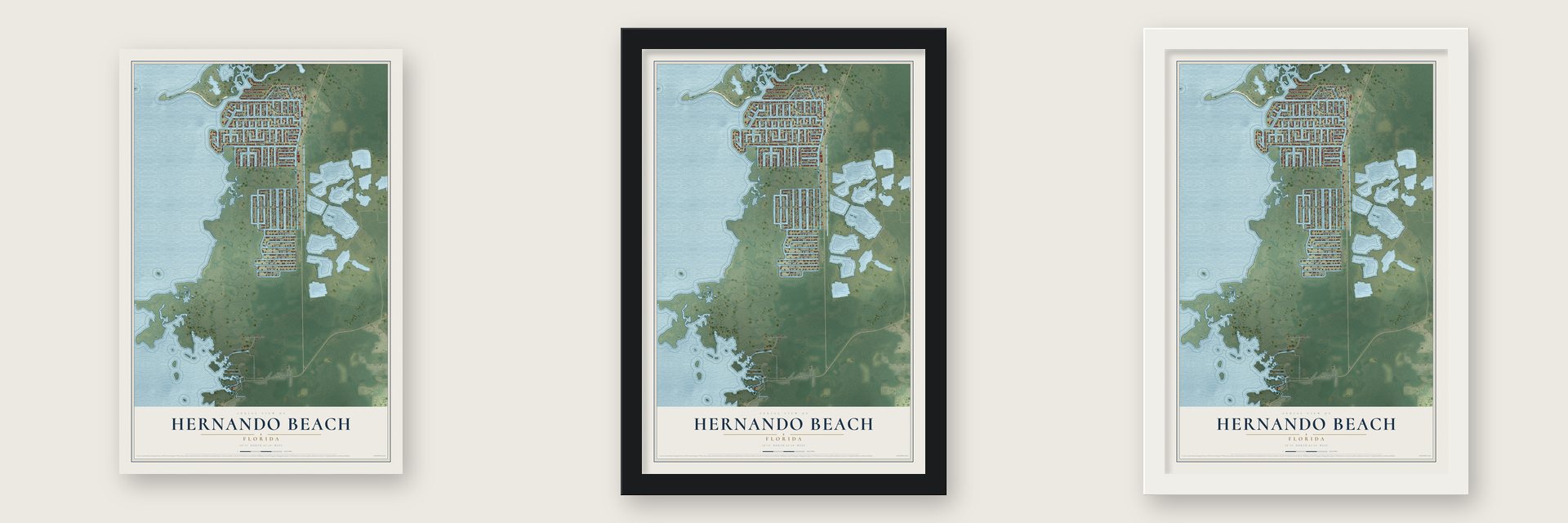 Hernando Beach, Florida map unframed, in a black wood frame and in a white wood frame