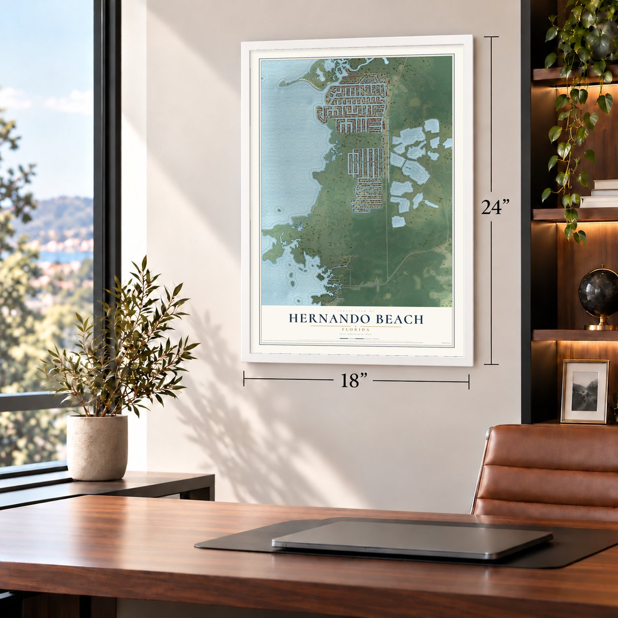 Hernando Beach, Florida map, 18 x 24 inch print in a white frame in a home office