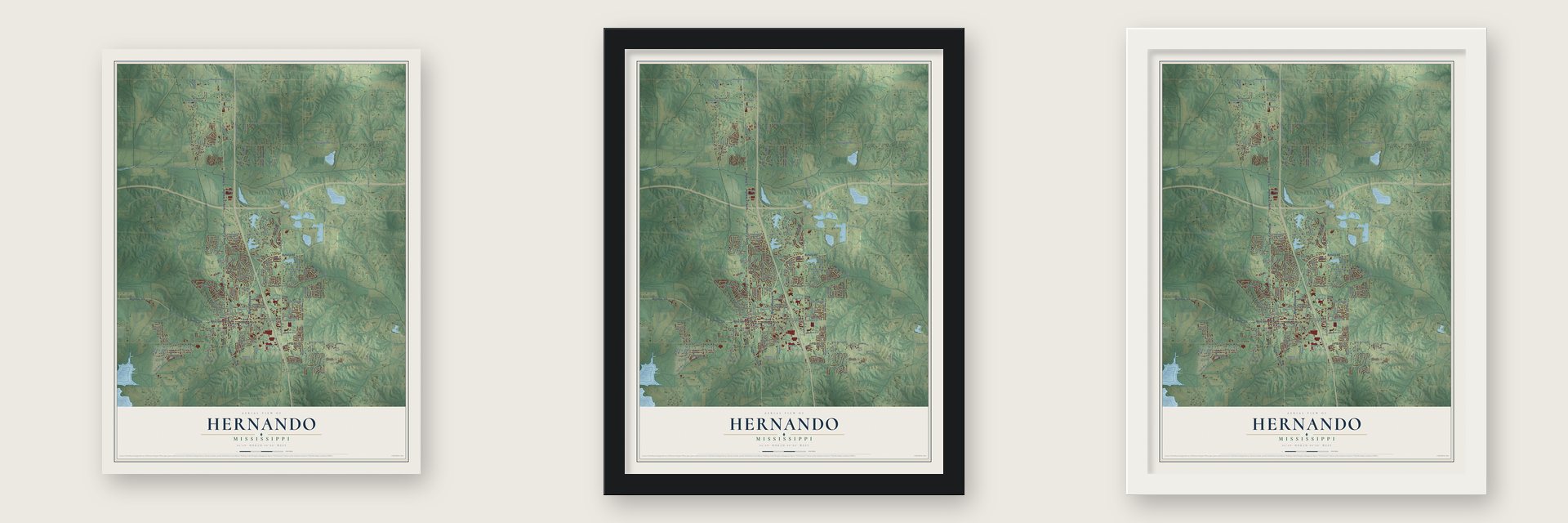 Hernando, Mississippi map unframed, in a black wood frame and in a white wood frame