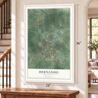 Hernando, Mississippi map, 24 x 36 inch print in a white frame by a staircase