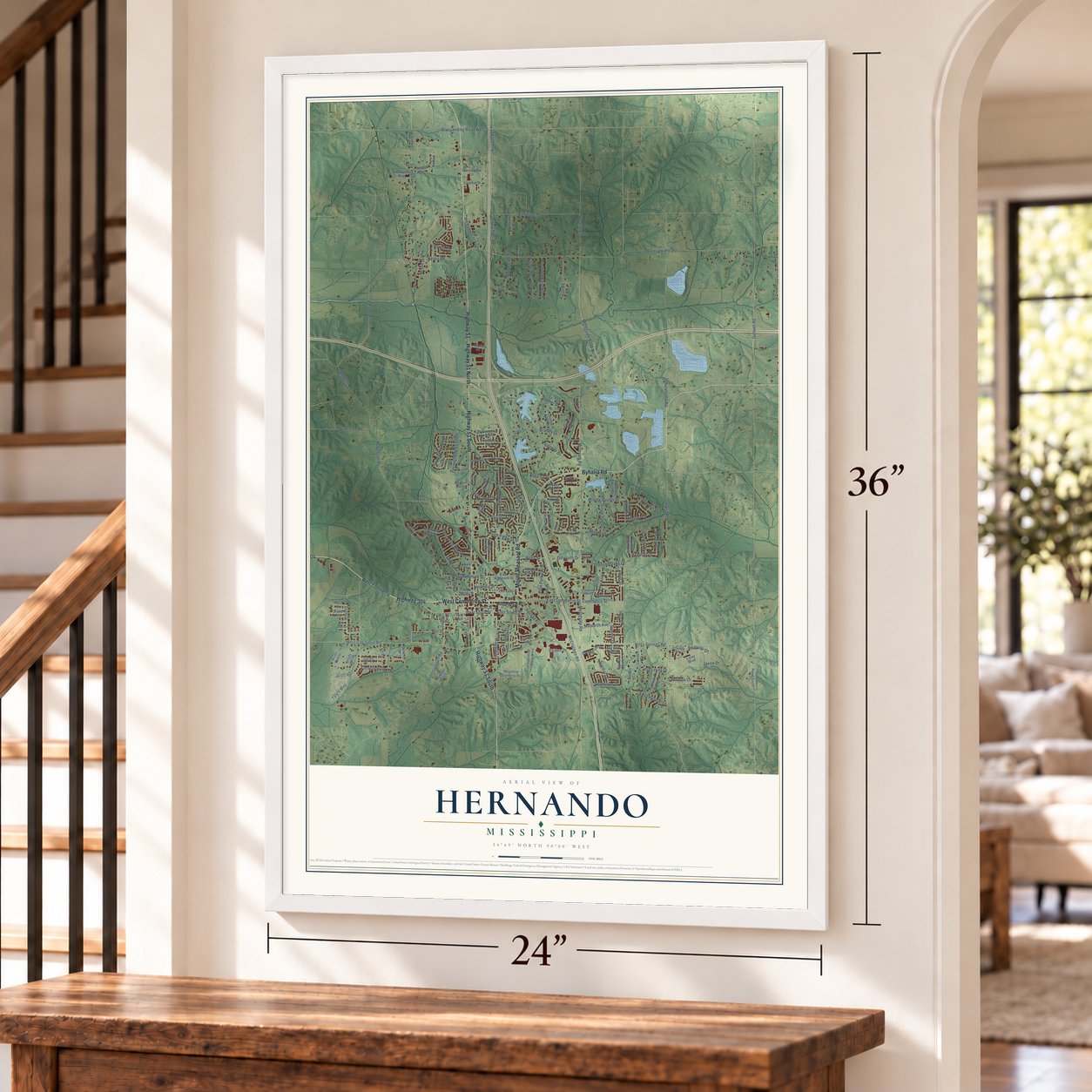Hernando, Mississippi map, 24 x 36 inch print in a white frame by a staircase