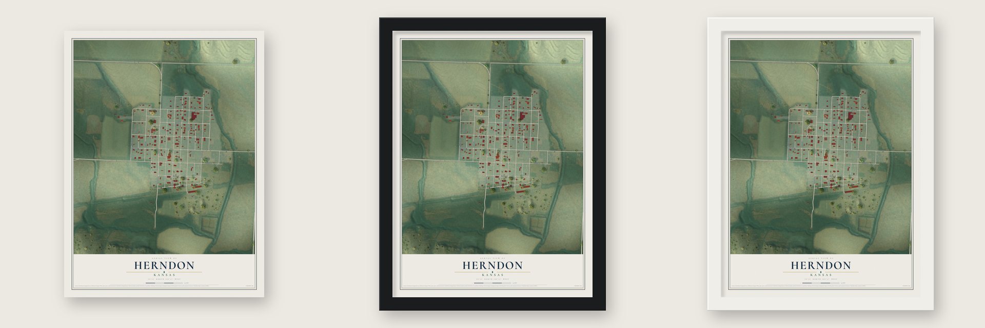Herndon, Kansas map unframed, in a black wood frame and in a white wood frame