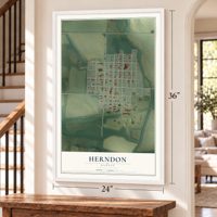 Herndon, Kansas map, 24 x 36 inch print in a white frame by a staircase
