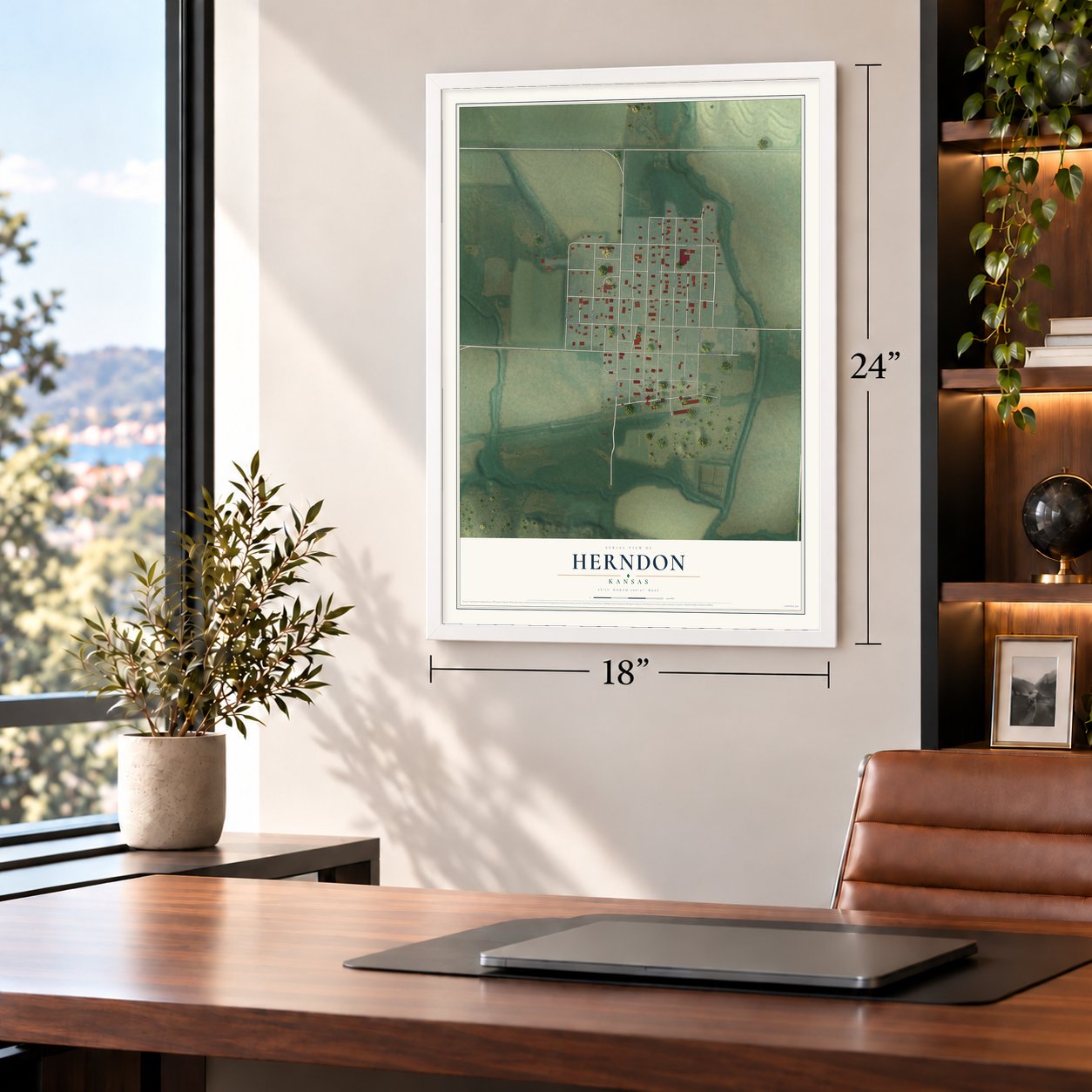 Herndon, Kansas map, 18 x 24 inch print in a white frame in a home office