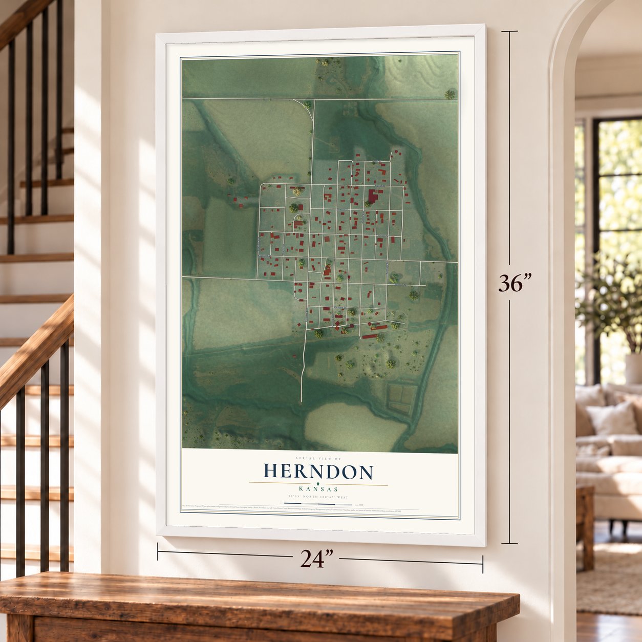 Herndon, Kansas map, 24 x 36 inch print in a white frame by a staircase