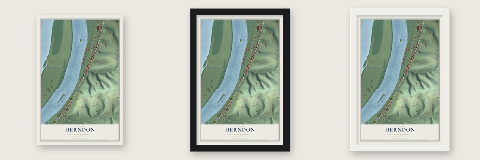 Herndon, Pennsylvania map unframed, in a black wood frame and in a white wood frame