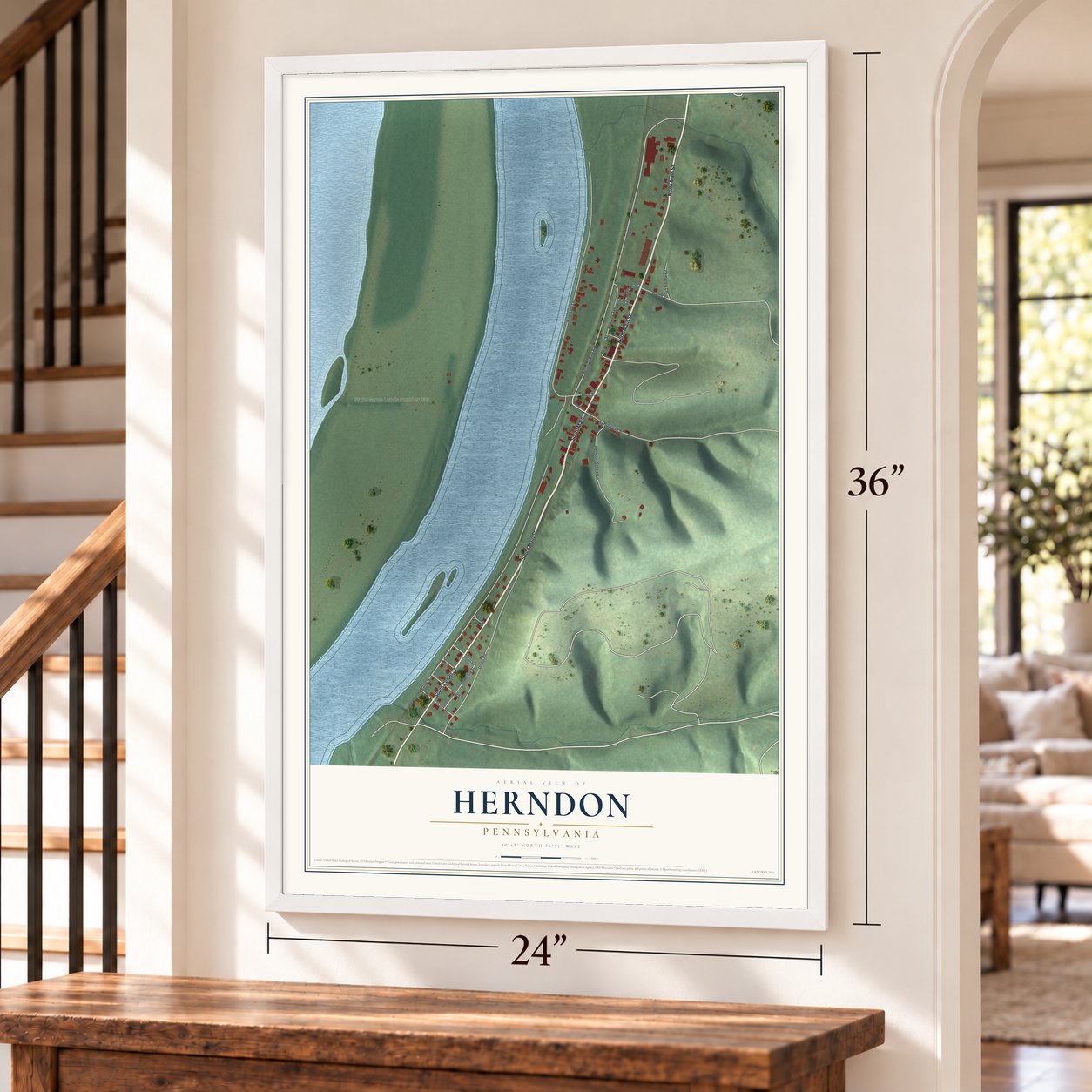 Herndon, Pennsylvania map, 24 x 36 inch print in a white frame by a staircase