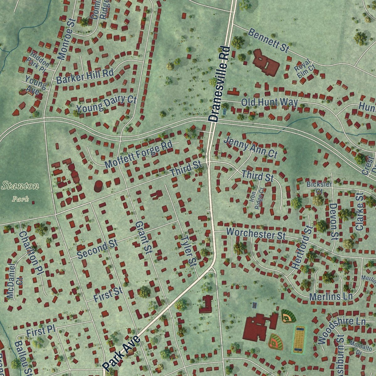 Second close-up of the map of Herndon, Virginia print showing more streets and buildings