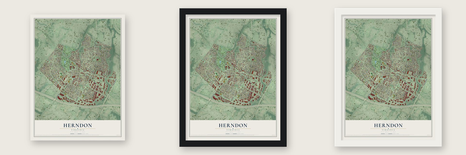 Herndon, Virginia map unframed, in a black wood frame and in a white wood frame