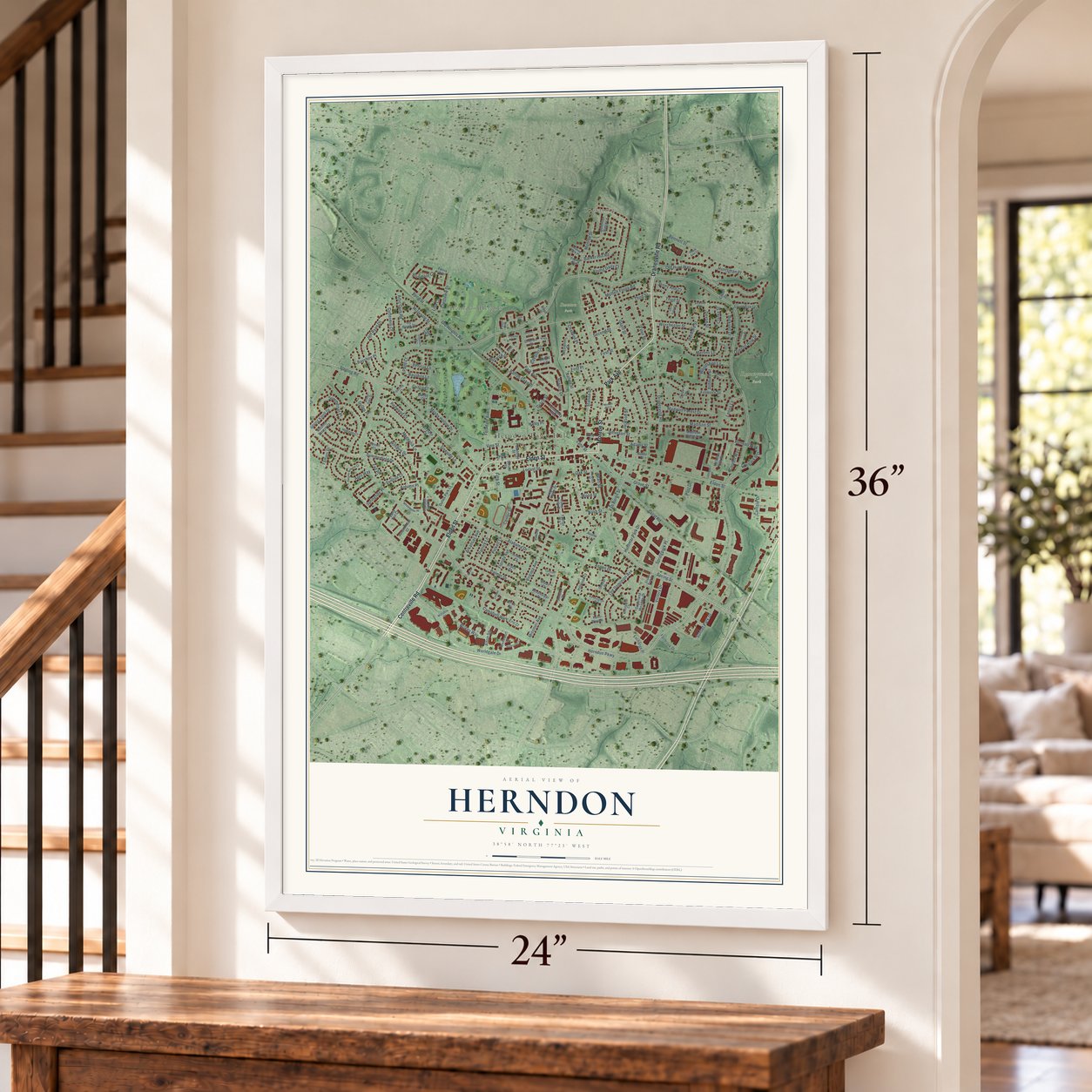 Herndon, Virginia map, 24 x 36 inch print in a white frame by a staircase