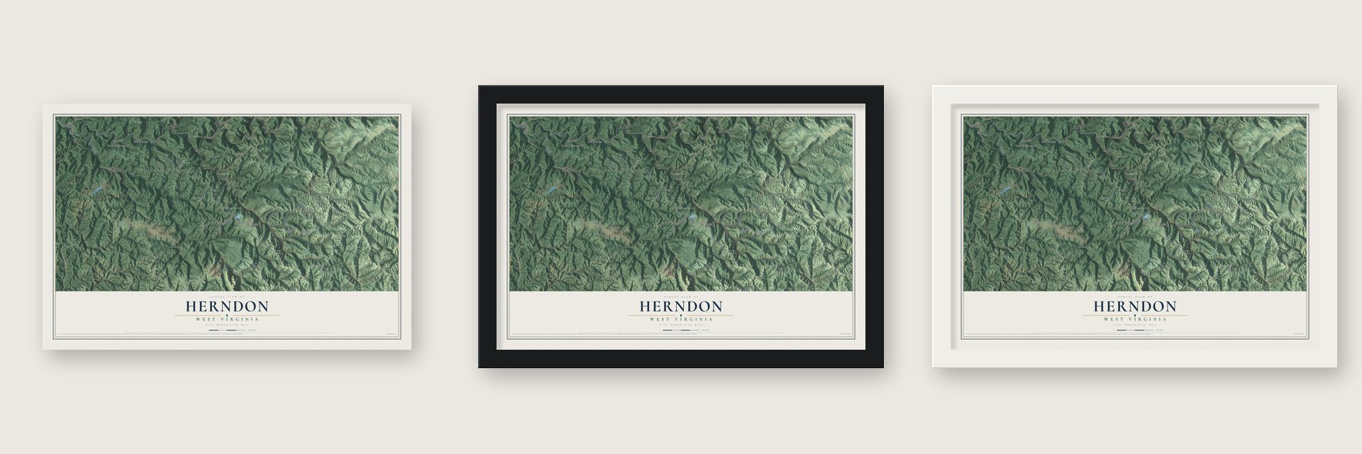 Herndon, West Virginia map unframed, in a black wood frame and in a white wood frame