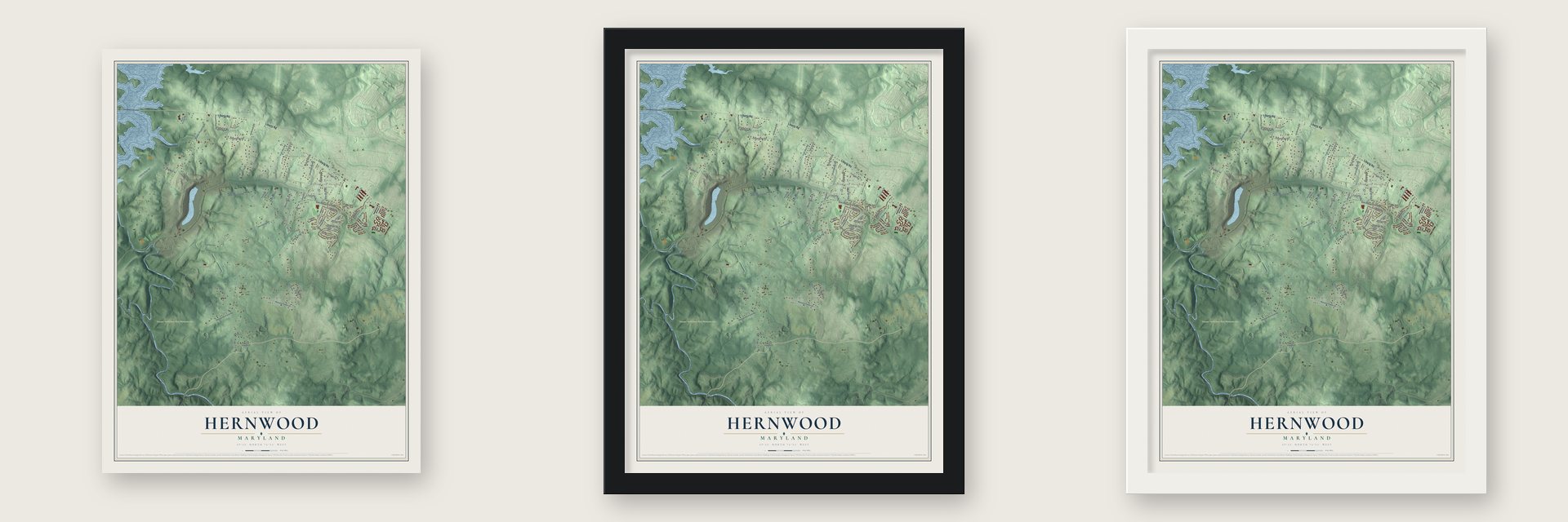 Hernwood, Maryland map unframed, in a black wood frame and in a white wood frame