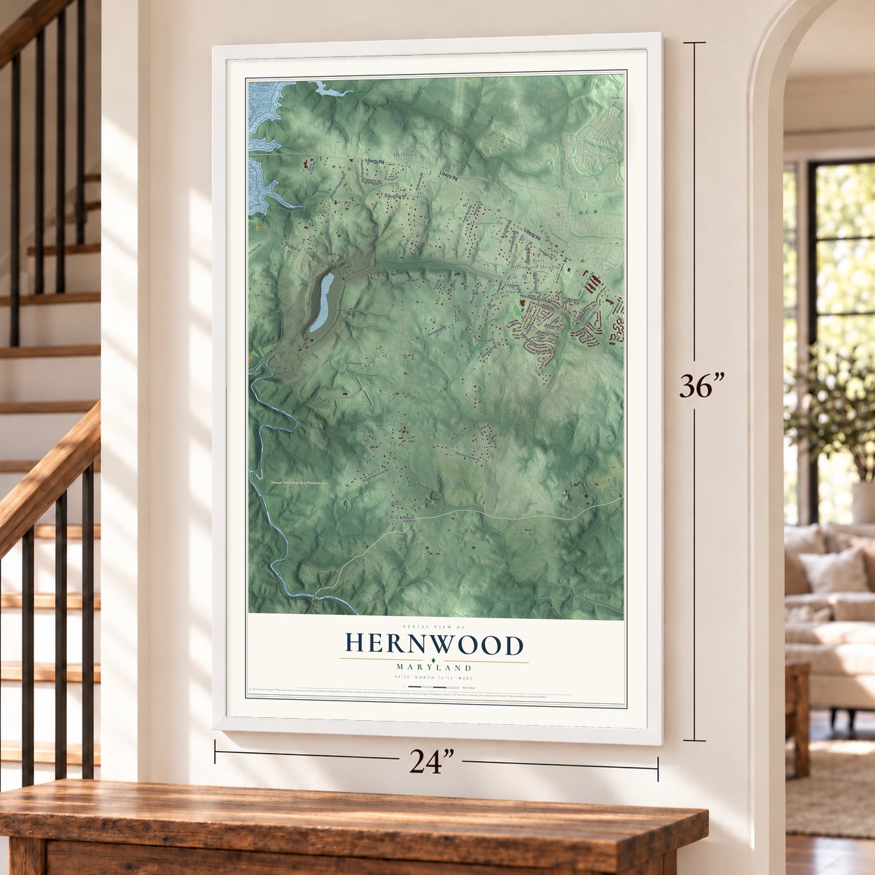 Hernwood, Maryland map, 24 x 36 inch print in a white frame by a staircase