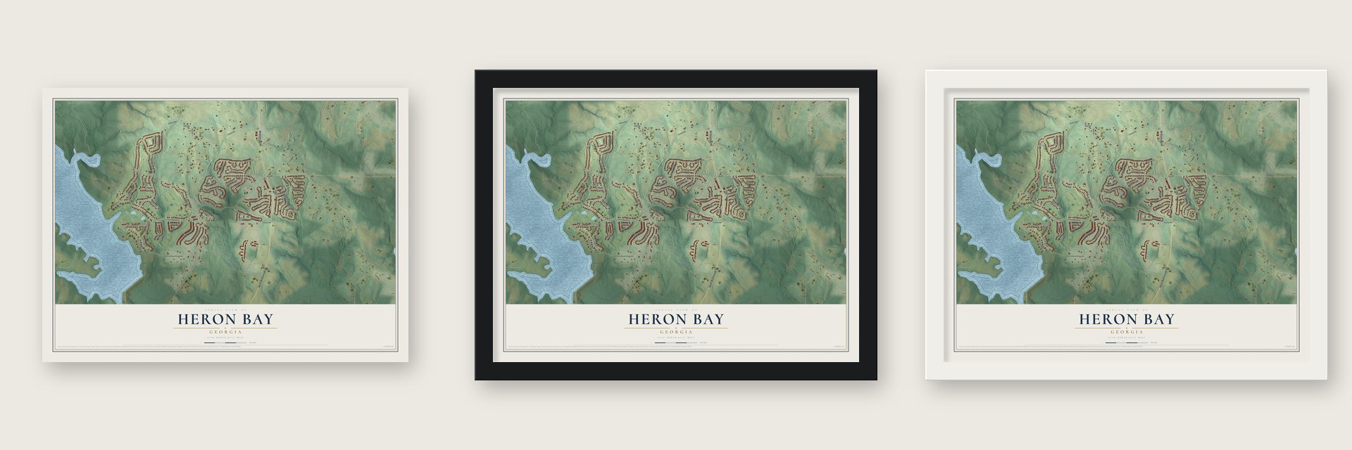 Heron Bay, Georgia map unframed, in a black wood frame and in a white wood frame