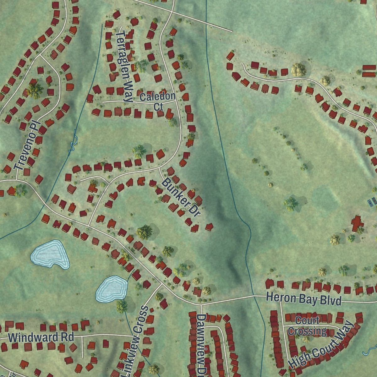 Second close-up of the map of Heron Bay, Georgia print showing more streets and buildings