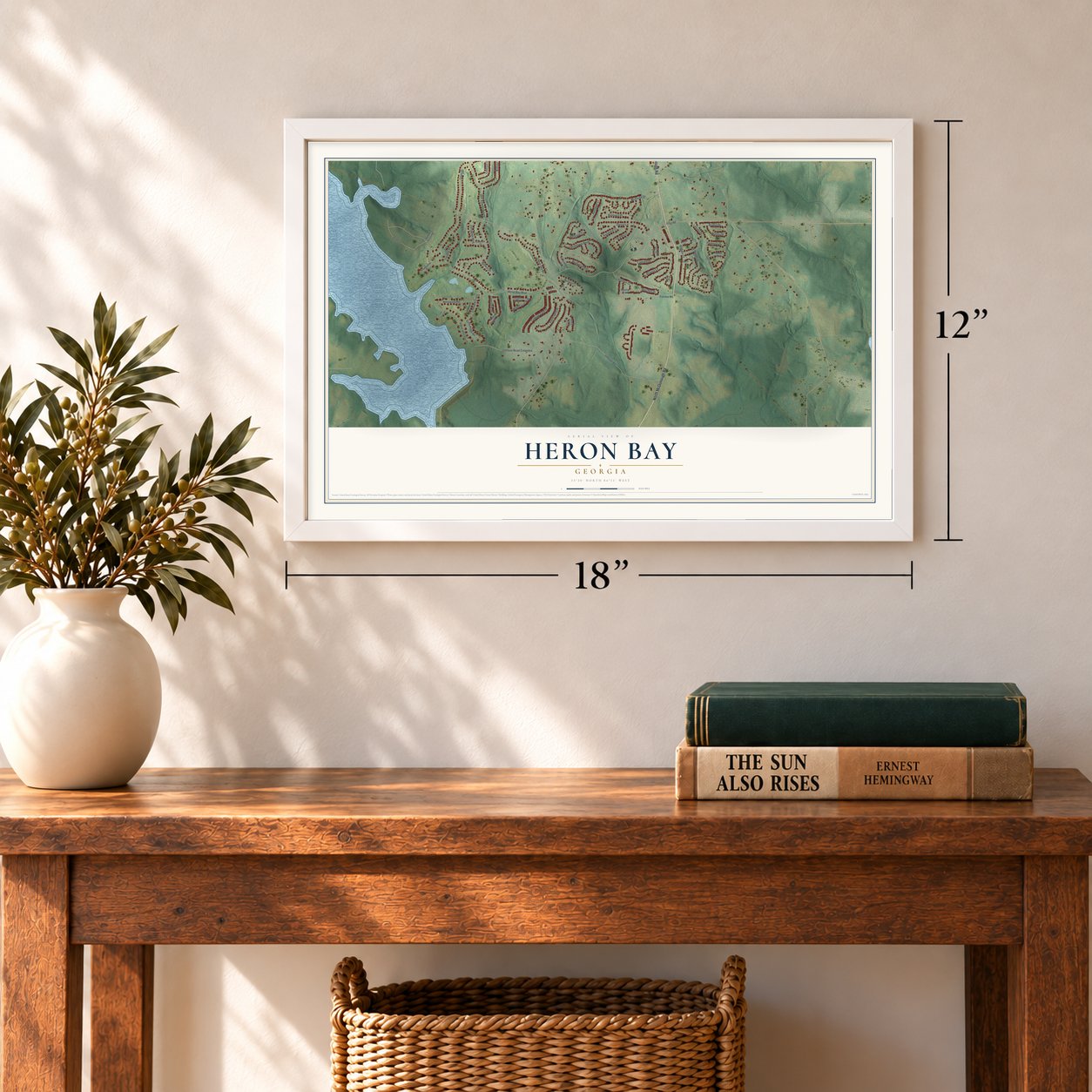 Heron Bay, Georgia map, 12 x 18 inch print in a white frame in an entryway