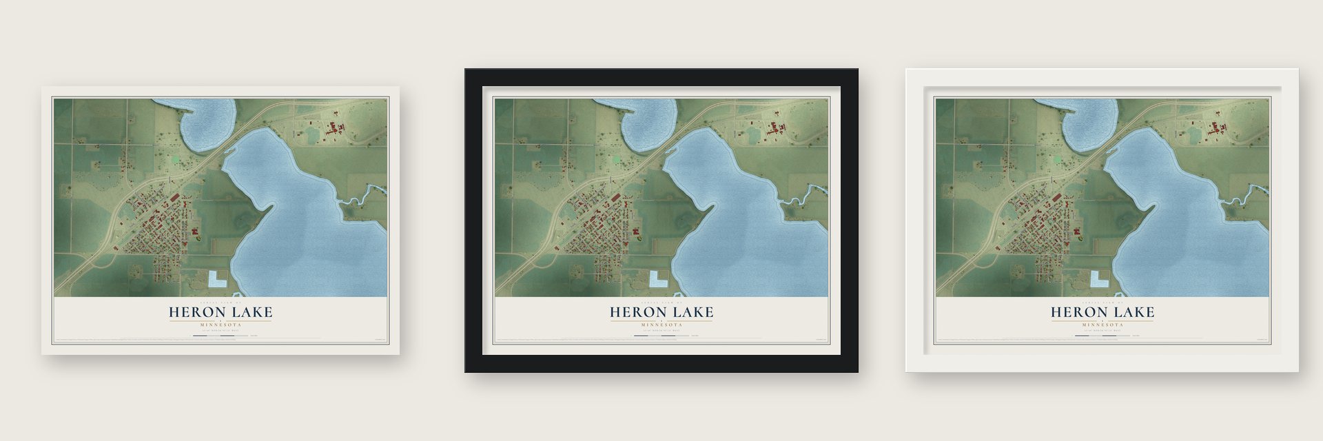 Heron Lake, Minnesota map unframed, in a black wood frame and in a white wood frame