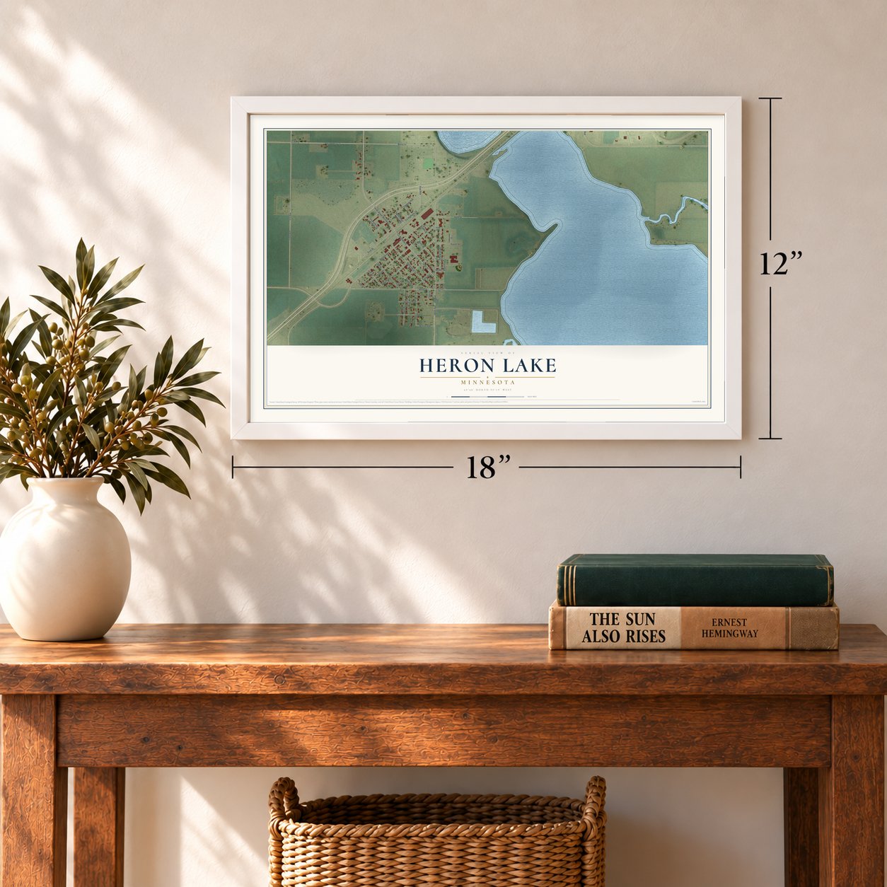 Heron Lake, Minnesota map, 12 x 18 inch print in a white frame in an entryway