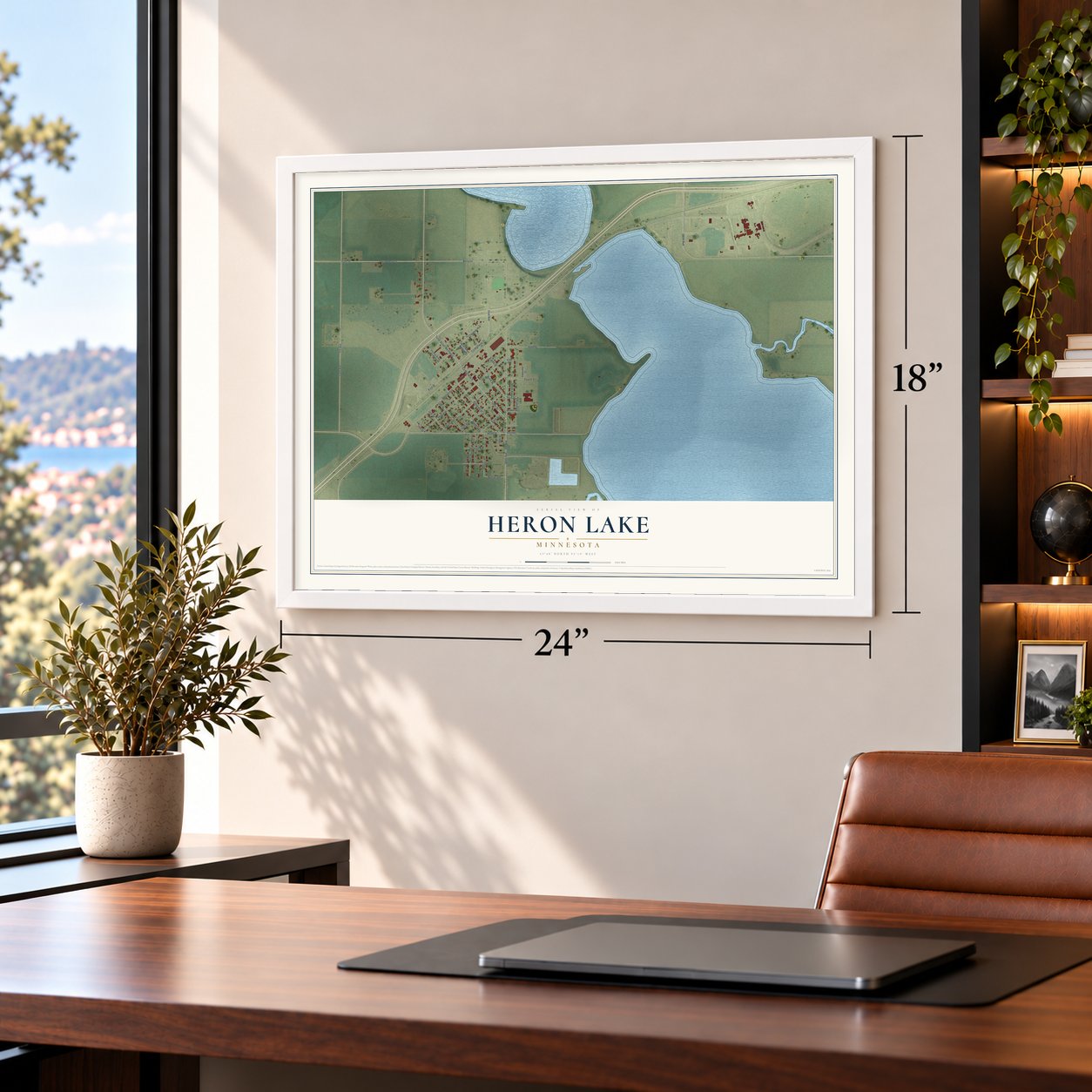 Heron Lake, Minnesota map, 18 x 24 inch print in a white frame in a home office