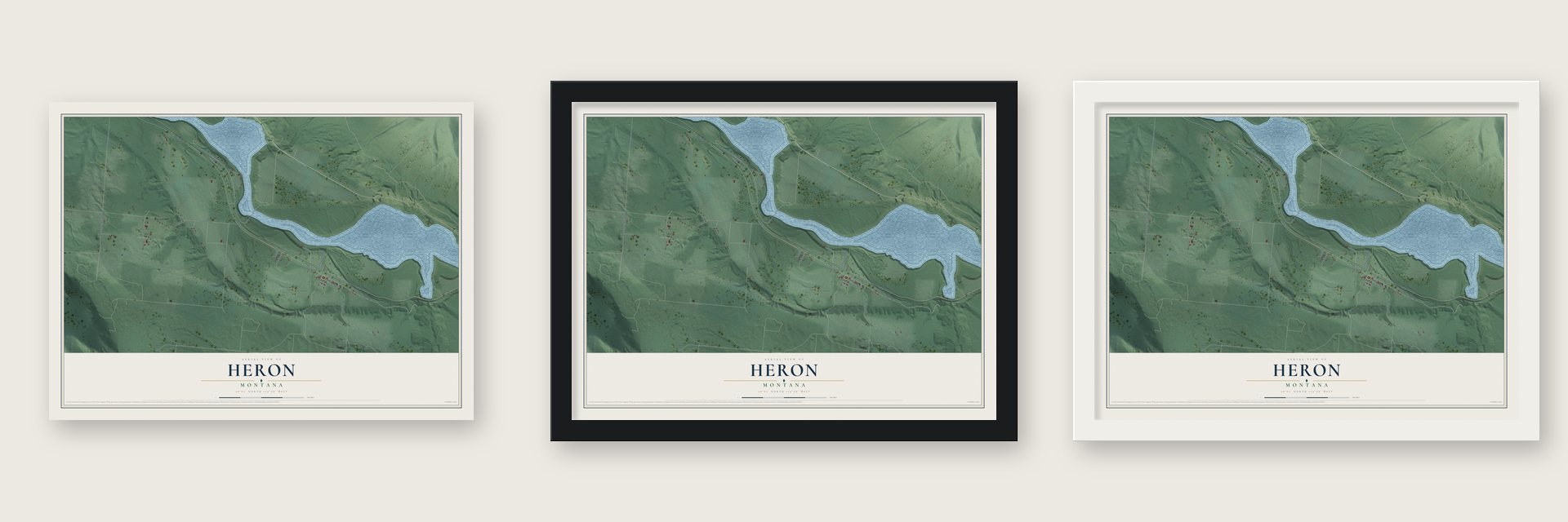 Heron, Montana map unframed, in a black wood frame and in a white wood frame