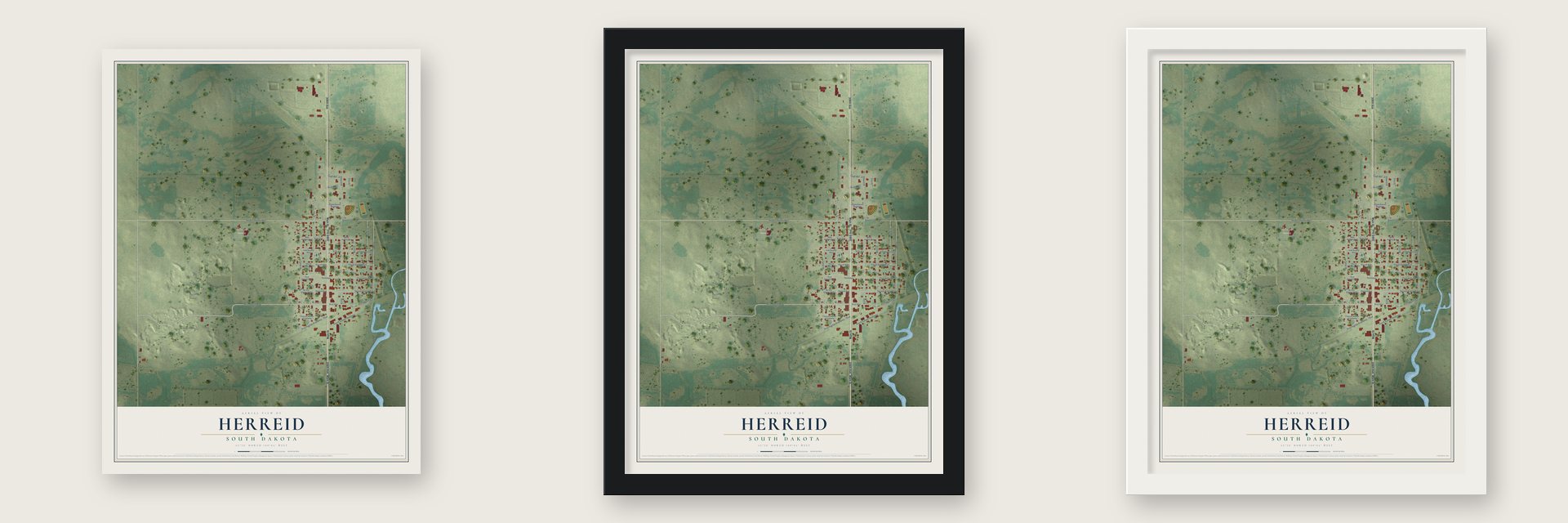 Herreid, South Dakota map unframed, in a black wood frame and in a white wood frame