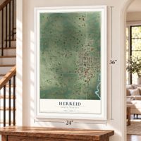 Herreid, South Dakota map, 24 x 36 inch print in a white frame by a staircase