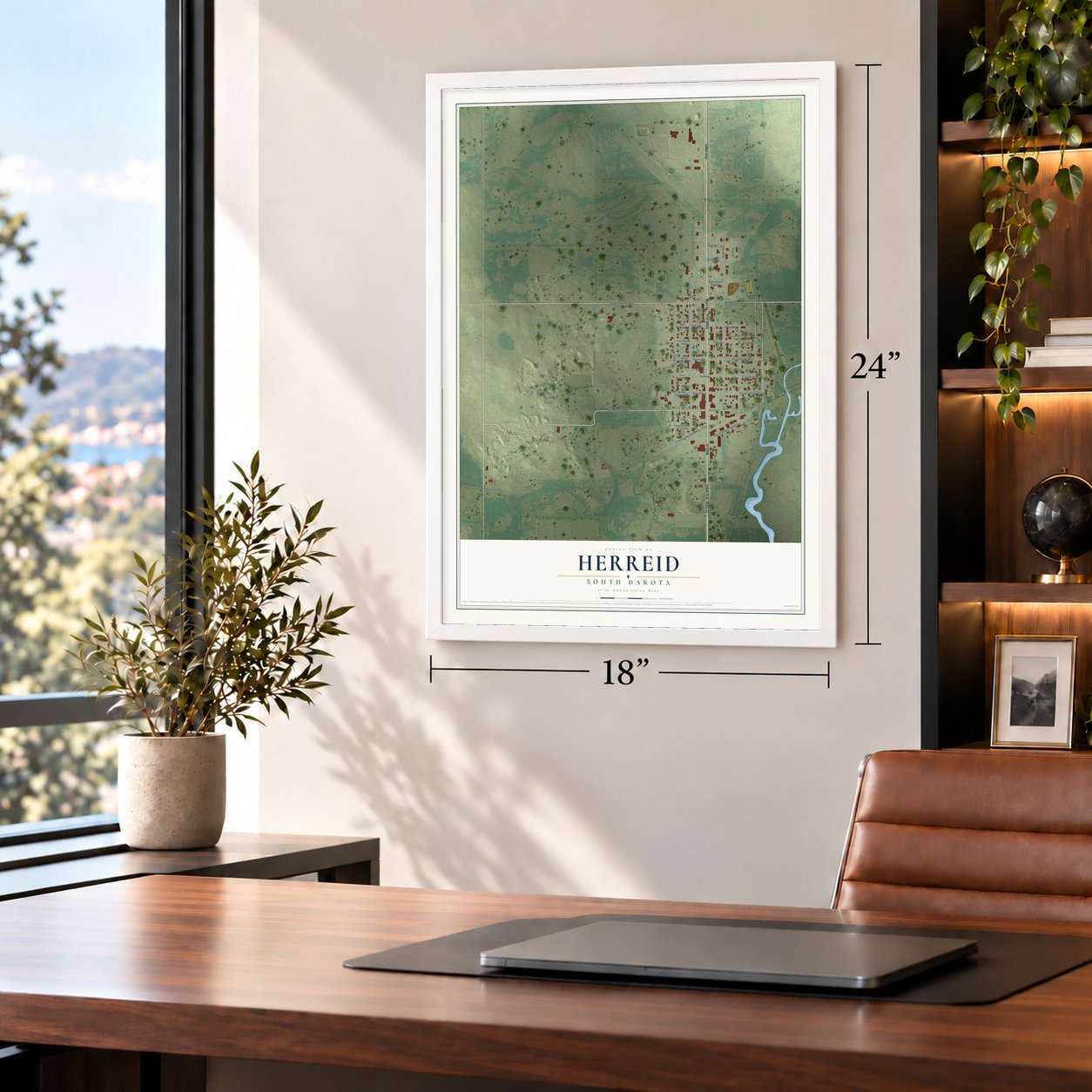 Herreid, South Dakota map, 18 x 24 inch print in a white frame in a home office