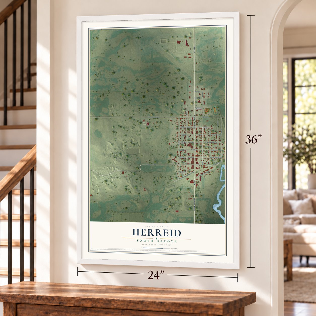 Herreid, South Dakota map, 24 x 36 inch print in a white frame by a staircase