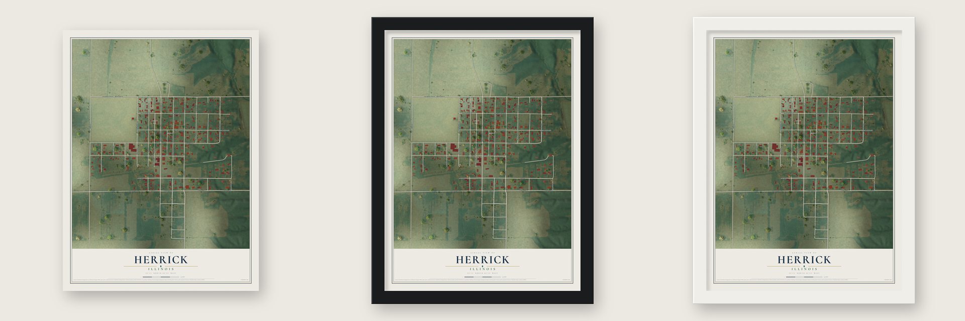 Herrick, Illinois map unframed, in a black wood frame and in a white wood frame