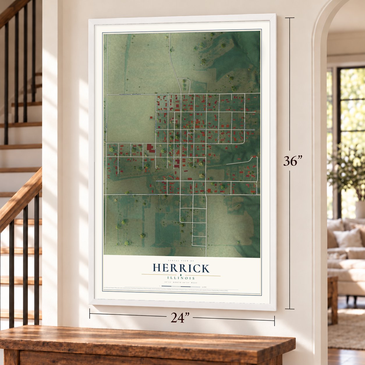 Herrick, Illinois map, 24 x 36 inch print in a white frame by a staircase