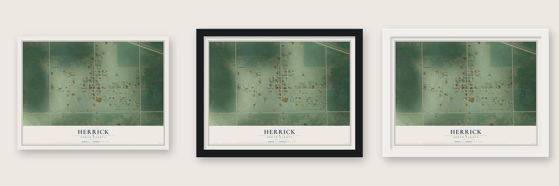 Herrick, South Dakota map unframed, in a black wood frame and in a white wood frame