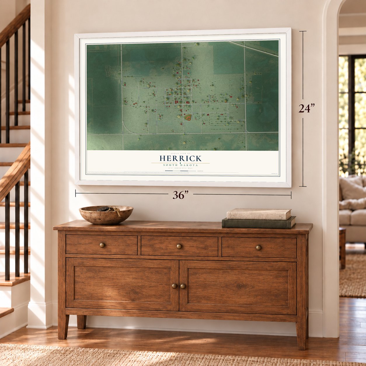 Herrick, South Dakota map, 24 x 36 inch print in a white frame above a dresser by a staircase