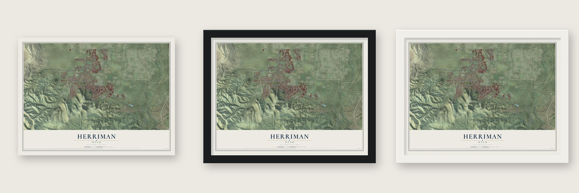 Herriman, Utah map unframed, in a black wood frame and in a white wood frame