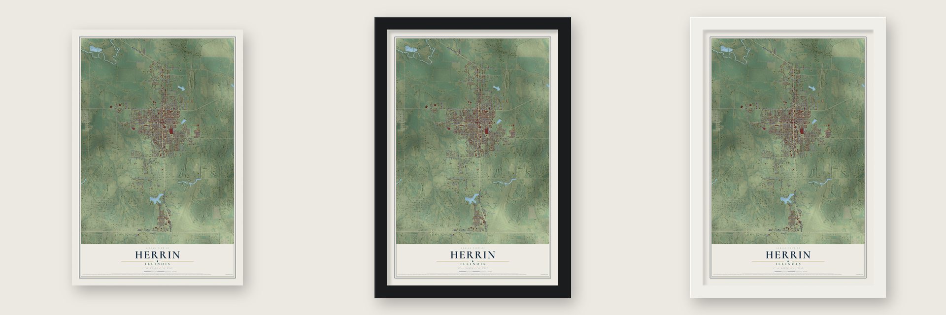 Herrin, Illinois map unframed, in a black wood frame and in a white wood frame
