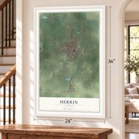 Herrin, Illinois map, 24 x 36 inch print in a white frame by a staircase