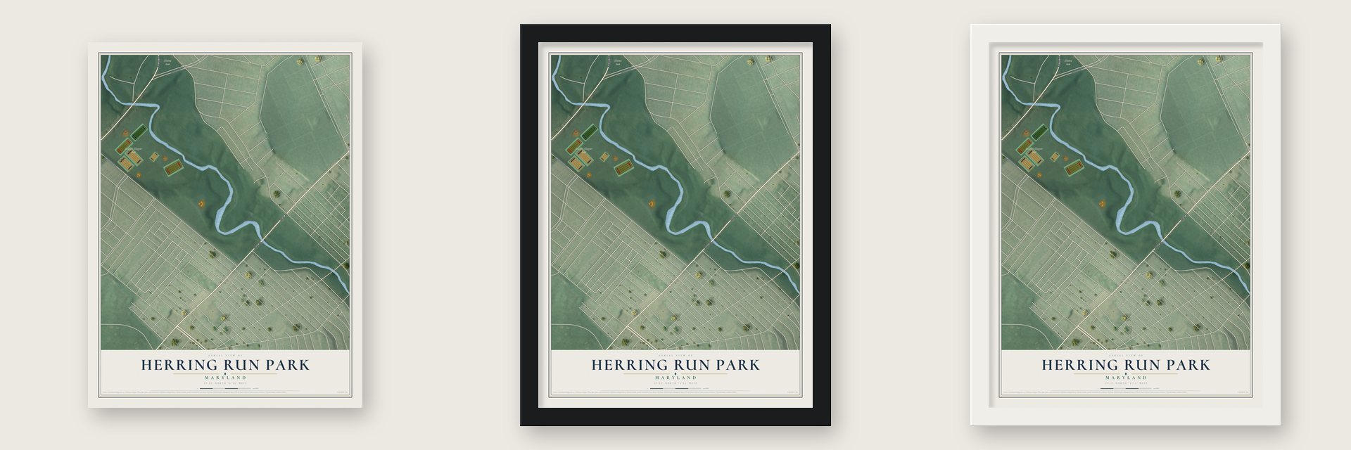 Herring Run Park, Maryland map unframed, in a black wood frame and in a white wood frame