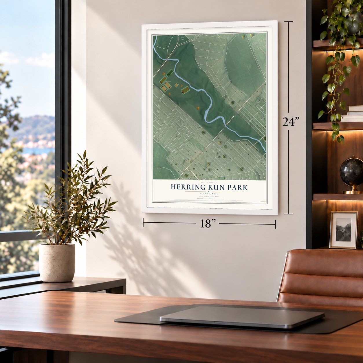 Herring Run Park, Maryland map, 18 x 24 inch print in a white frame in a home office