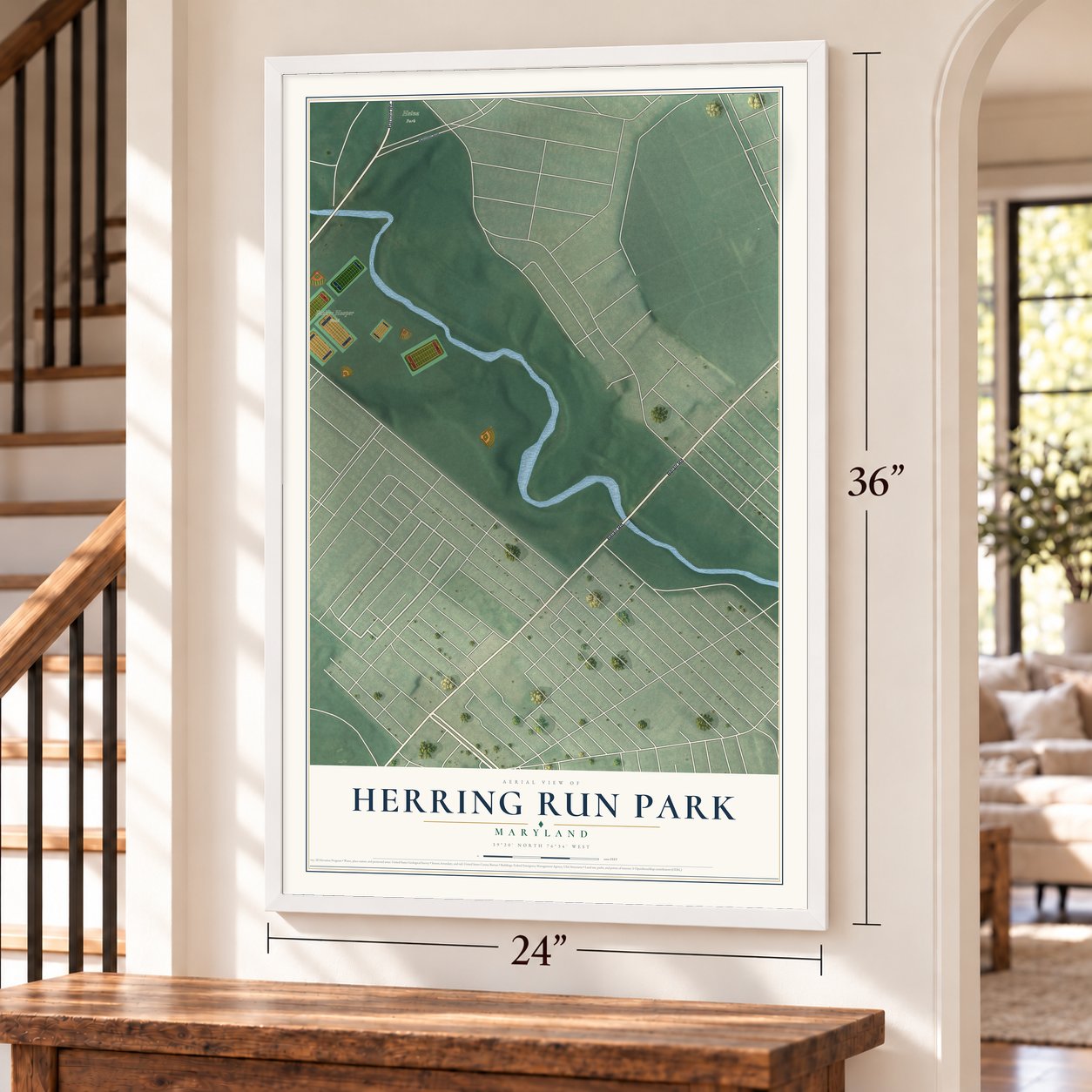 Herring Run Park, Maryland map, 24 x 36 inch print in a white frame by a staircase