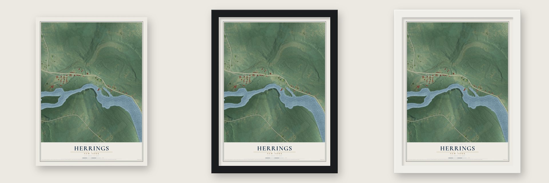 Herrings, New York map unframed, in a black wood frame and in a white wood frame