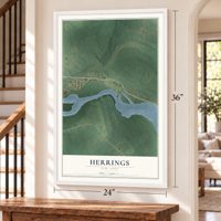 Herrings, New York map, 24 x 36 inch print in a white frame by a staircase