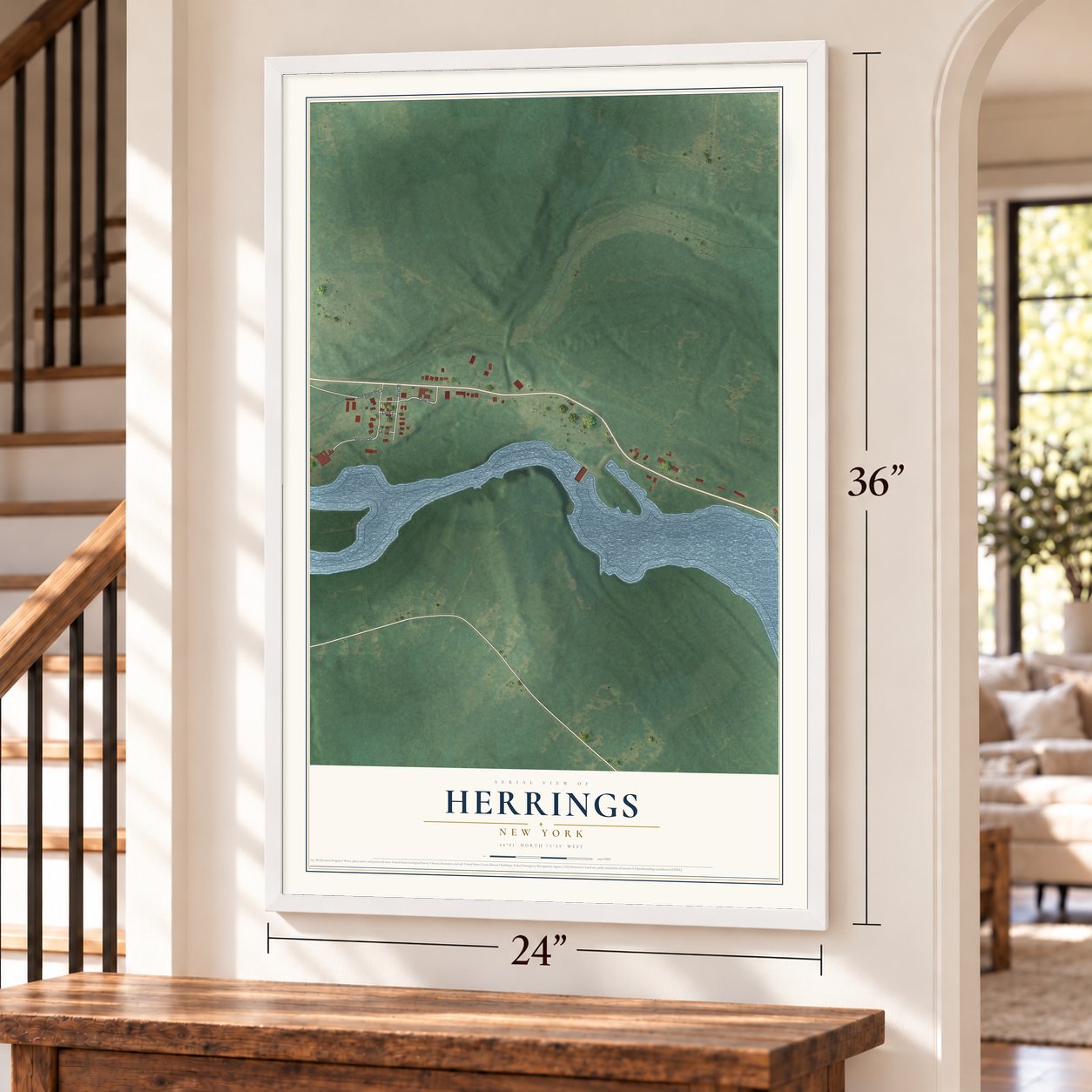Herrings, New York map, 24 x 36 inch print in a white frame by a staircase
