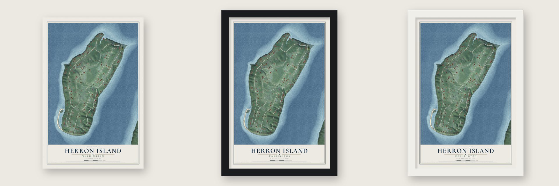 Herron Island, Washington map unframed, in a black wood frame and in a white wood frame