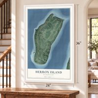 Herron Island, Washington map, 24 x 36 inch print in a white frame by a staircase