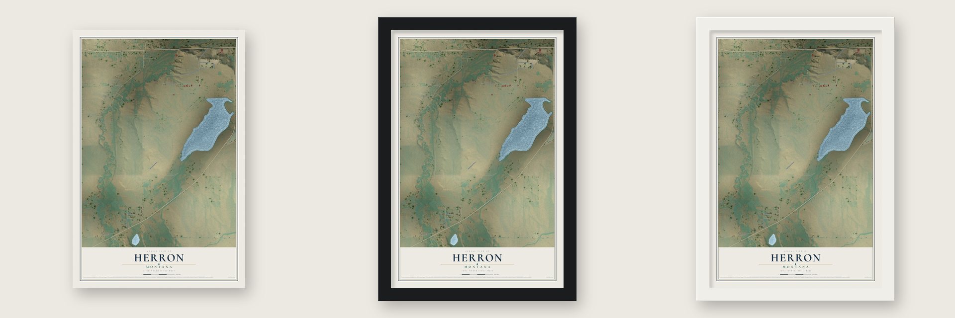 Herron, Montana map unframed, in a black wood frame and in a white wood frame