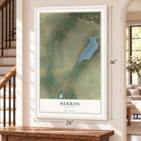 Herron, Montana map, 24 x 36 inch print in a white frame by a staircase