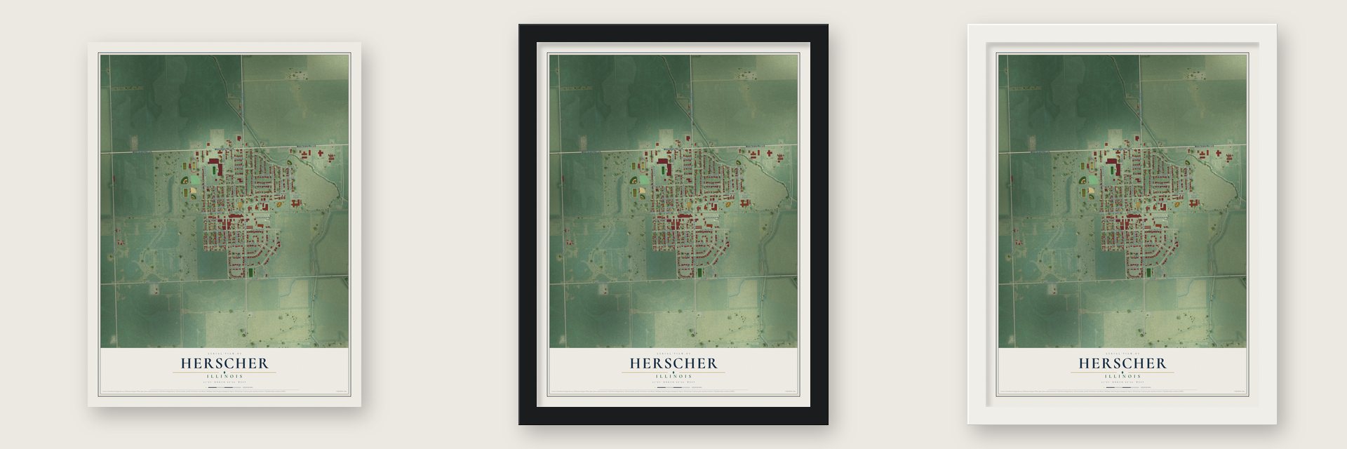 Herscher, Illinois map unframed, in a black wood frame and in a white wood frame