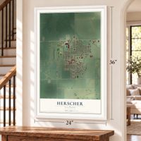 Herscher, Illinois map, 24 x 36 inch print in a white frame by a staircase