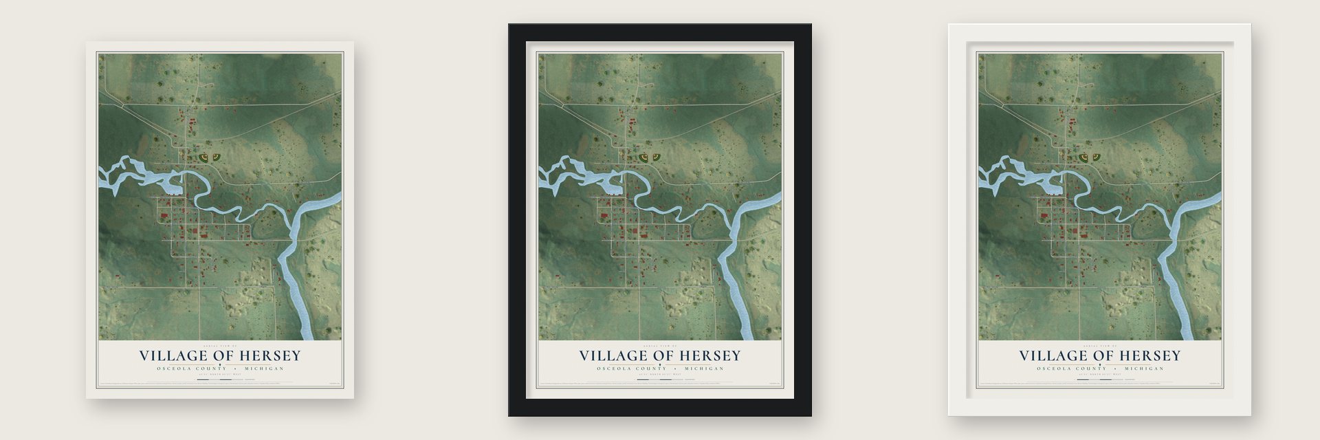 Hersey, Michigan map unframed, in a black wood frame and in a white wood frame