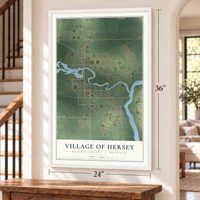 Hersey, Michigan map, 24 x 36 inch print in a white frame by a staircase