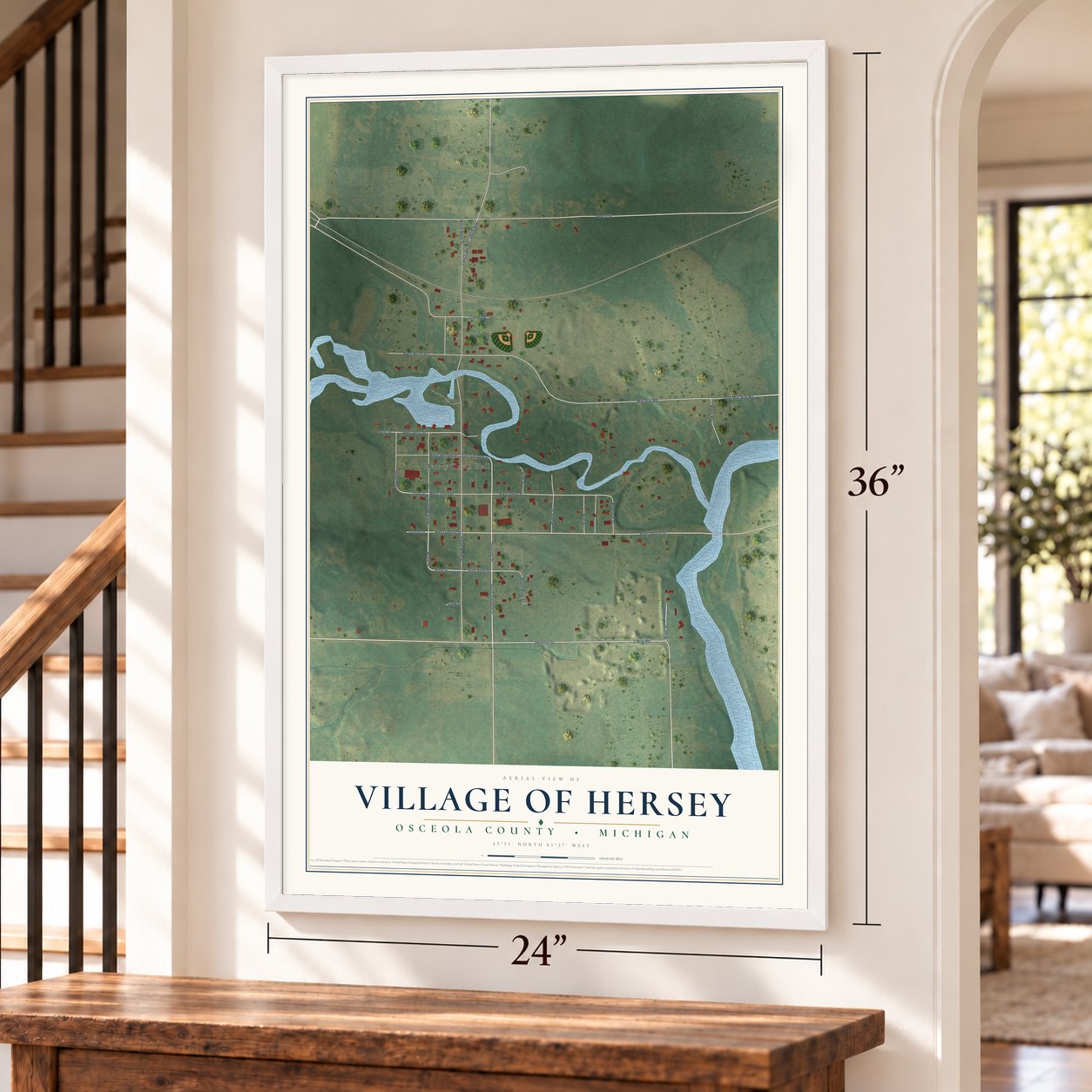 Hersey, Michigan map, 24 x 36 inch print in a white frame by a staircase